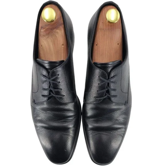 Prada Italian Saffiano Black Leather Dress Shoes Mens 8.5 Luxury Formal Oxfords - Picture 11 of 14